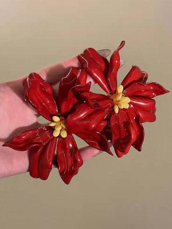 1Pair Zhong Chuxi, Same Style, Retro Metal, Big Red Flower, Exaggerated Earrings, High-End Feeling, Personalized Fashion, Jewelry, Earrings, Party Accessories, Female Niche, 2025 New Earrings, Popular
