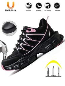 UMBURLLY Damskie buty z metalowymi noskami, odporne na rozbicie i przebicie, lekkie, antypoślizgowe, z podwyższeniem 3 cm, w kolorze czarnym, idealne do pracy