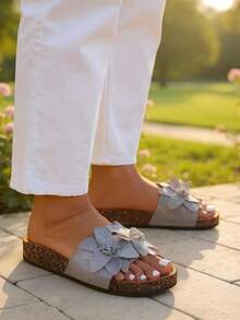 Women's Sandals With Flowers - Grey - View 1