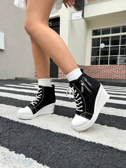 DareSee Zapatos de plataforma de lona, zapatillas de cuña casuales con suela gruesa para mujer, para festivales de música, festivales Y2K, vuelta al colegio, otoño, Navidad, invierno, regalos de Navidad