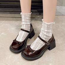 复古粗跟玛丽珍女鞋，2025夏季新款蝴蝶结日式JK百搭棕色绑带小皮鞋 - 黑色 - 查看 6