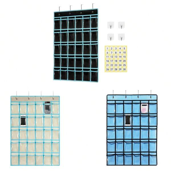 1pc 30-Pocket Beige/Blue/Black Classroom Over-The-Door Phone Organizer Bag, 30 Transparent Pockets Hanging Style For Classroom/School/Office Phone, Calculator Storage With 30 Number Stickers And Hooks
