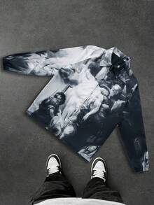 Men's Casual Graphic Print Zip Front Varsity Jacket For Autumn Going Out Streetwear, Graphic Long Sleeve Angel Lightweight Zip Up Jackets, Men Fall,For Friends, Husband, Boyfriend Gifts - 黑色 - 查看 9