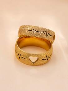 2pcs 8mm, 6mm Stainless Steel Hollow Heart, Cardiogram Matte Finish Rings Set, Suitable For Daily Wear Or Gift