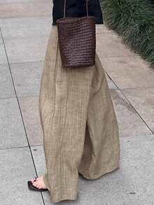 Women's Casual Loose Linen Wide-Leg Trousers - Khaki - View 3
