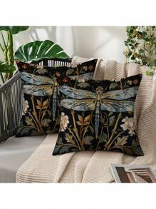 2pcs Dragonfly & Floral 2D Flat Printed Decorative Pillow Covers, Non-Embroidered, 18" X 18", Vintage Farmhouse Style, Single Sided Print, Polyester, Zipper Closure - Perfect For Living Room, Bedroom, Sofa, And Christmas/Halloween Decor