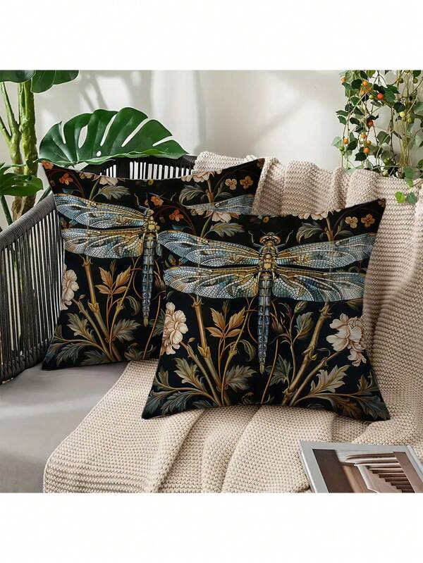 2pcs Dragonfly & Floral 2D Flat Printed Decorative Pillow Covers, Non-Embroidered, 18" X 18", Vintage Farmhouse Style, Single Sided Print, Polyester, Zipper Closure - Perfect For Living Room, Bedroom, Sofa, And Christmas/Halloween Decor