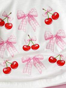 Set de 2 piezas para niñas jóvenes: Camiseta con estampado de mariposa y cereza, combinada con pantalones de unicolor con volante en el bajo asimétrico - Multicolor - Ver 4