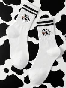 1/5/10 双可爱的中筒袜，带有可爱的奶牛图案，简单的黑白条纹奶牛白色袜子是农场家庭的必备品，柔软而俏皮，女士袜子，女士袜子，白色袜子，白色双条纹袜子 - 彩色 - 查看 4