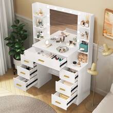 110cm White Dressing Table Set With Led Lighting Mirror, Drawers & Open Multi-Level Shelves, Adjustable Brightness, Large Vanity Makeup Desk Bedroom, Modern Design Bedroom Furniture - White - View 2