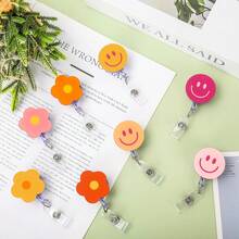 8Pcs Groovy Flower Smile Face Badge Reel With Clips Retractable Cord Orange Pink ID Badge Reel Boho Name Tag Badge Holder For Office Hospital Teachers Favor - 西瓜粉 - 查看 2