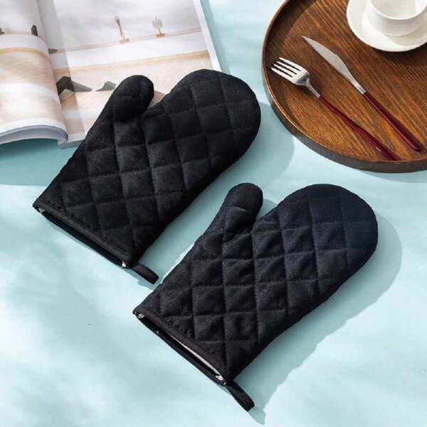 1pc Black Double Layer Quilted Oven Mitt & Heat Resistant Microwave Glove (17*27cm, Thick Polyester, Temperature Resistance:160℃), Suitable For Steamer Baking Tools & Everyday Kitchen Cooking