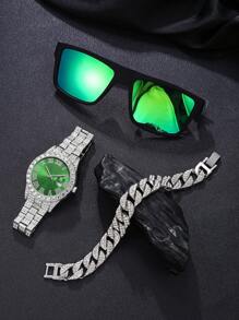 3 pièces Ensemble cadeau montre - Comprend une montre-bracelet élégante en alliage noir pour homme, des lunettes de soleil de moto, un bracelet de cristal de luxe. Convient comme cadeau de fête pour lui