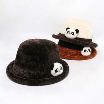 1pc Women's Autumn/Winter Plush Shaped Bucket Hat, Dual Color Patchwork Bucket Hat, Thicken Warm Mom Hat, Adorable Plush Bear Decor Reversible