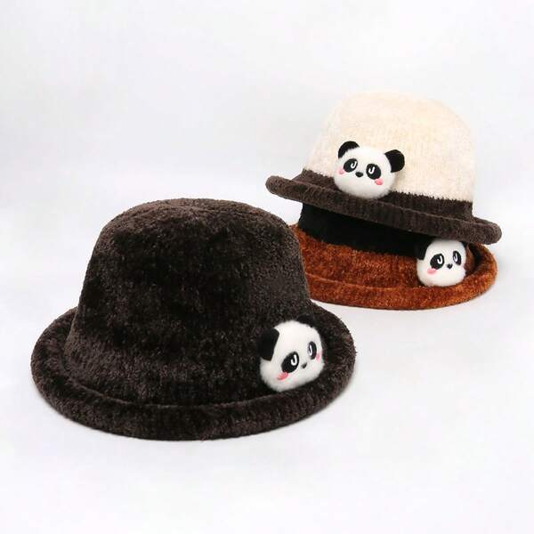 1pc Women's Autumn/Winter Plush Shaped Bucket Hat, Dual Color Patchwork Bucket Hat, Thicken Warm Mom Hat, Adorable Plush Bear Decor Reversible
