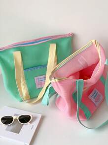 1 Pc Macaron Contrasting Color Summer Bbeach Bag, Mesh Large Capacity Tote Bag, Dopamine Clothing Storage Bag, Suitable For Beach, Swimming, Travel And Vacation Essentials, Portable Travel Bag, Foldable Multifunctional Storage Bag