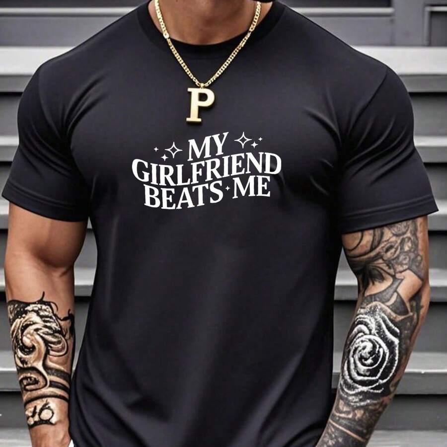 My Girlfriend Me Funny T-Shirt Print Short Sleeve T-Shirt T Shirt Black T Shirt Printed Short Sleeve T-Shirt For Summer Graphic Tees Graffiti Shirt Round Neck Oversized T Shirt Sleeve Casual T-Shirt, Street Hip Hop Style T-Shirt 100% Heavy Cotton All-Season Wear Individuality Unisex Top Gifts For Girlfriend Boyfriend - 黑5 - 查看 1