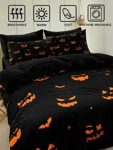 3pcs Halloween Pumpkin & Spider Web Printed Quilt Cover Set (1pc Quilt Cover + 2pcs Pillow Case, No Filling), Soft & Skin-Friendly Polyester Fiber, Suitable For Bedroom, All Seasons - Multicolor - View 6