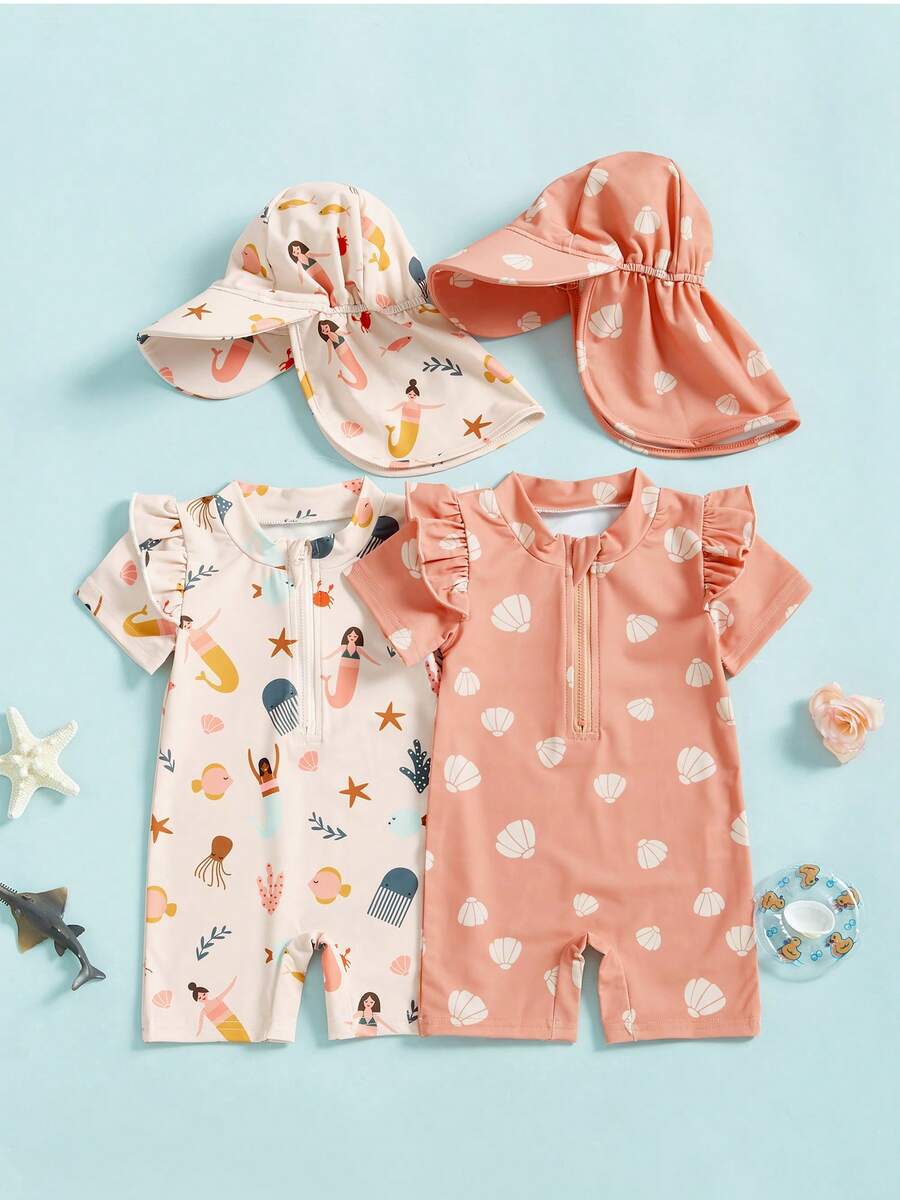Toddler Girls Rash Guard Swimsuit Playsuits Short Sleeve Mermaid/Shell Print Kids Bathing Suit With Swim Cap - Apricot - View 1