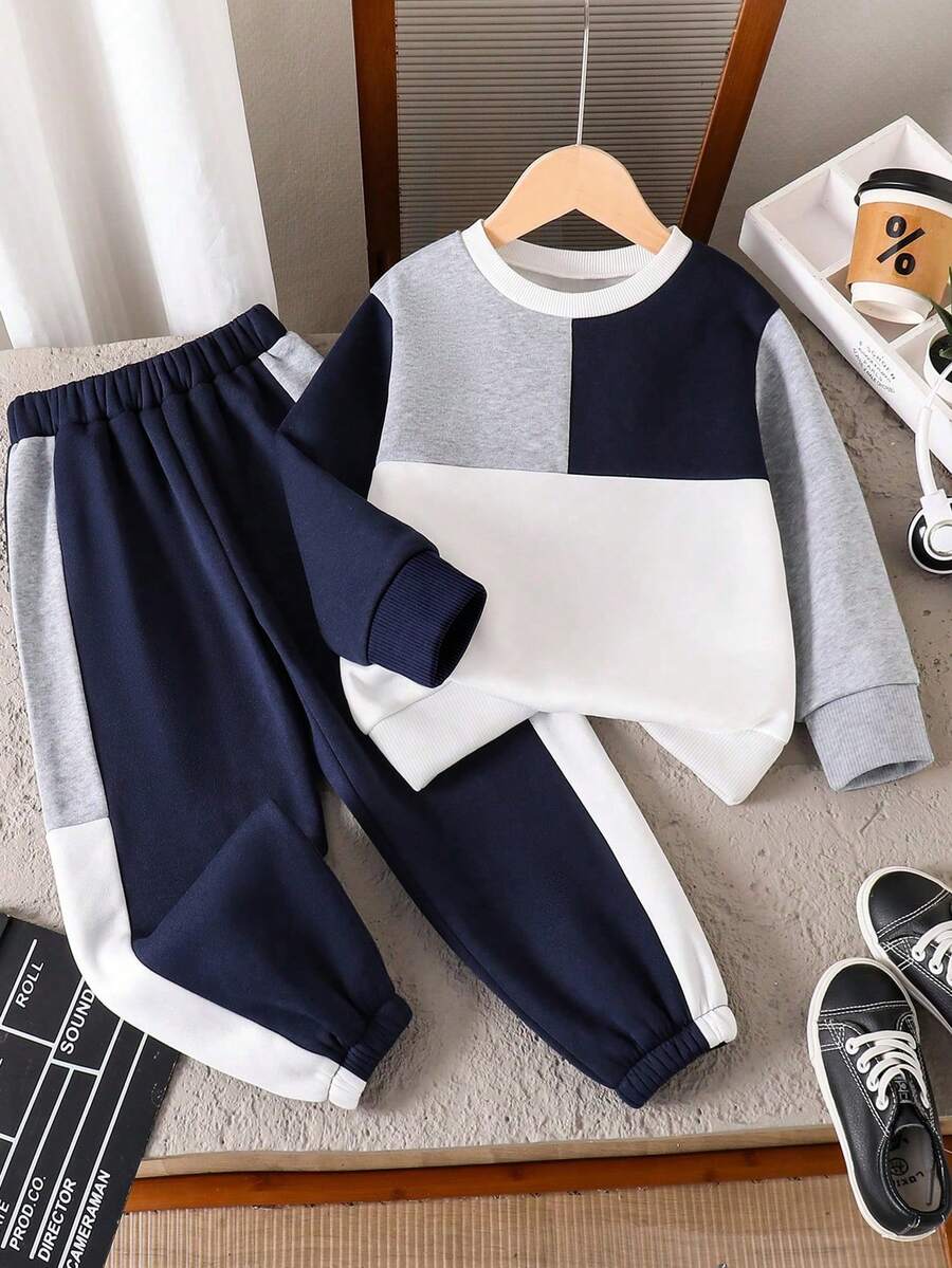 Conjunto de moletom com capuz e calça com painel contrastante para meninos pré-adolescentes, quente - Azul Real - Ver 1