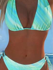 European And American Fashion Backless Bikini 2 Pieces Set Pink Gradient Colorful Print Swimsuit Summer Beach Essential - Green - View 4