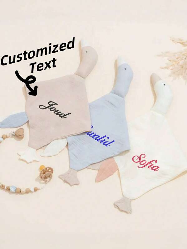 1pc Personalized Swan Comfort Blanket, Drool Bib - Can Be Customized With Embroidered Name/Text, Available In White/Blue/Pink/Khaki/Gray To Meet Your Needs, Cute Swan Hand Puppet Toy, Custom Embroidered Name, Soft Companion To Enhance Parent-Child Interaction And Emotional Connection, Grip Training, Suitable As Birthday Gift/New Mom Gift/Children's Day Gift/Kid's Gift