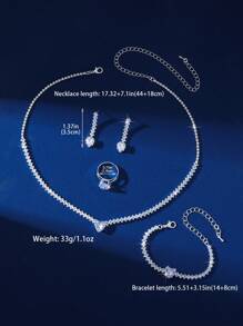 Elegante y sencillo set de joyería de de 5 piezas, que incluye collar, pendientes, pulsera y anillo. Con forma de corazón brillante, de moda y versátil, adecuado para todas las ocasiones. San Valentín, Mamá, Madre, Día de la Madre, Regalo