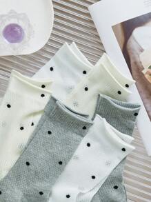 6 Pairs Of Women's Socks, Ribbed Edge Polka Dot Women's Crew Socks, Daily Time Casual Sports And Out Wear