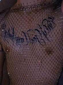 1pc Sparkly Rhinestone Sexy Fishnet Crop Top - Mesh Hollow Back Vest, Suitable For Party, Nightclub, KTV, Beach Cover-Up, Transparent Chest Enhancer, Reversible Design, Durable Club Outfit For Ladies
