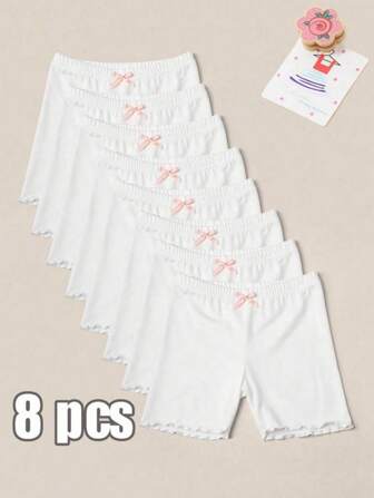 8pcs/Pack Baby Girls' Sweet Cute Summer Thin White Safety Shorts With Ruffle Trim