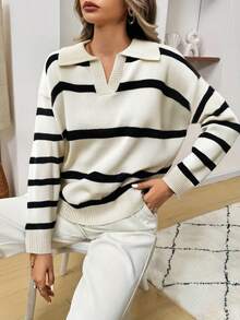 Plus Size Casual Versatile Colorblock Striped Sweater, Autumn/Winter