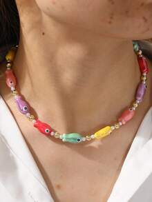 1 件可爱海洋风格树脂小鱼珍珠铜串珠项链，适合女士海边派对海滩度假派对夏季日常节日装，18k 镀金时尚夏季女士百珠宝礼物，适合送给朋友姐妹妈妈（小鱼有轻微瑕疵）