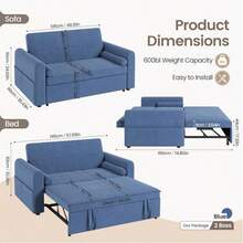 2 Seater Sofa Bed, 3-In-1 Convertible Fabric Pull Out Sleeper Sofa With 3-Position Adjustable Backrest, Side Pockets For Living Room, Guest Room (Blue, 2 Seater Sofa Bed) - Blue - View 3