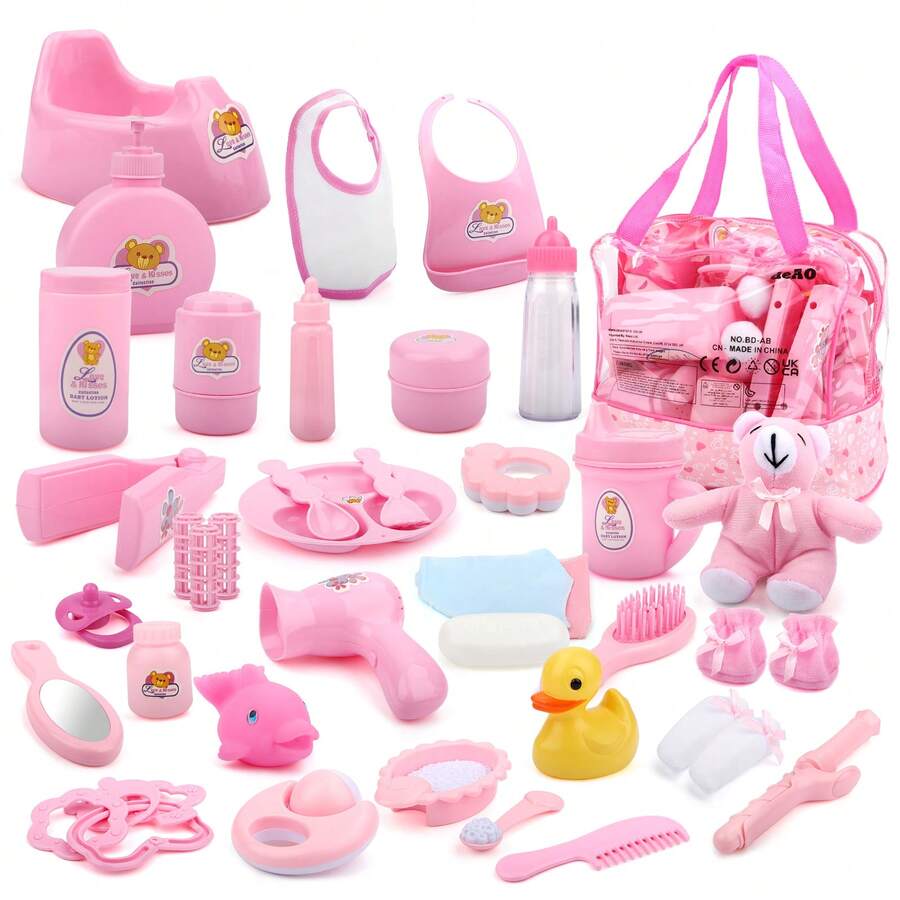 Baby Doll Pretend Play Role Play Games Set With Baby Feeding Accessories - Pink - View 1
