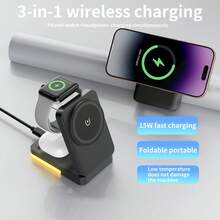 3-In-1 Fast Charging Station, 15W Multi-Function Wireless Charging Stand Compatible With Apple Devices, With Night Light Function - Black - View 4