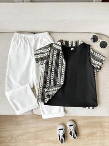 3pcs Set Boys Vertically Striped Knit Jacquard Hollow Shirt Outfit, Summer - Includes Button-Front Shirt, Sleeveless Vest, And Elastic Waist Pants With Pockets, Suitable For Vacation, Casual, And Daily Wear For 2-7 Years Old