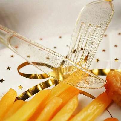 150/75/50/25/20/10/5 Pcs Gold Glitter Cutlery Set, Includes Forks/Spoons/Knives, Ideal For Parties, Outdoor Events, Family Gatherings, Weddings, Holidays, Cake And Salad Serving