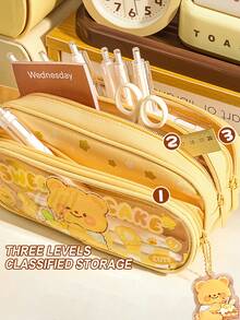 1个黄油熊多层大容量透明卡通铅笔袋，女孩多功能文具盒，可爱ins风铅笔盒（赠送同款吊坠），新款小学生文具包，返校季必备，铅笔袋，书包