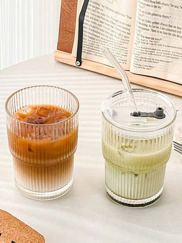 1pc Vertical Striped Bamboo Texture Glass Straw Cup, Elegant Dual-Drinking Design, Clear Glass With Lid, Cold Brew Coffee Cup, Beer/Juice/Milk Tea/Oat Milk/Iced Drink Cup, Suitable For Office, Home, Outdoor, Car, Party