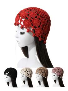 1 Stück handgefertigte atmungsaktive, gehäkelte Damenmütze mit Blumen- und Strass-Dekor, eleganter und leichter vintage gestrickter Beanie-Hut, modischer und vielseitiger Stil und Farbe werden zufällig versendet, für Frühling/Sommer