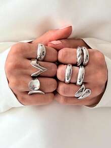 3pcs/5pcs/8pcs/15pcs Set Minimalist Exaggerated Ripple Asymmetrical Ring Set For Women, Party/Vacation/Daily Wear (No Box) - Yellow Gold - View 5