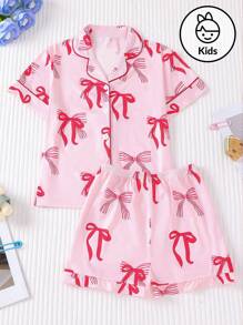 Set de 2 piezas de ropa de dormir ignífuga para niños, nueva para el verano, cárdigan casual de manga corta abierto, lavable, impreso con moño rosa, ropa exterior y de estar en casa para niñas, para niños pequeños y niños