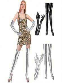 Sexy Lingerie Accessories A Two Pieces Set Of Glossy, Sexy, Tight Party Leggings And Gloves For Women, Perfect For Valentine'S Day And Carnival Costumes.