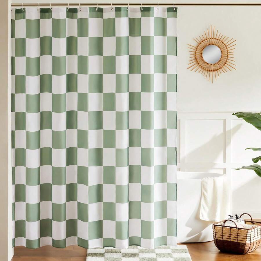 Checkered Shower Curtain, Sage Green Shower Curtains For Bathroom, Cute Retro Checkerboard Shower Curtain Vintage Aesthetic, Machine Washable Fabric Bath Curtain, 72''x72'' - 綠色 - 查看 1