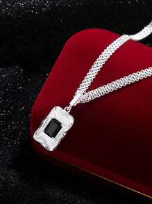 Elegante collar con colgante de plata de ley 925 con circonita negra rectangular - Hipoalergénico, duradero y resistente a la oxidación, regalo perfecto para todas las estaciones, joyería de uso diario | Elegante collar con colgante | Joyería de plata de ley durable, circonita