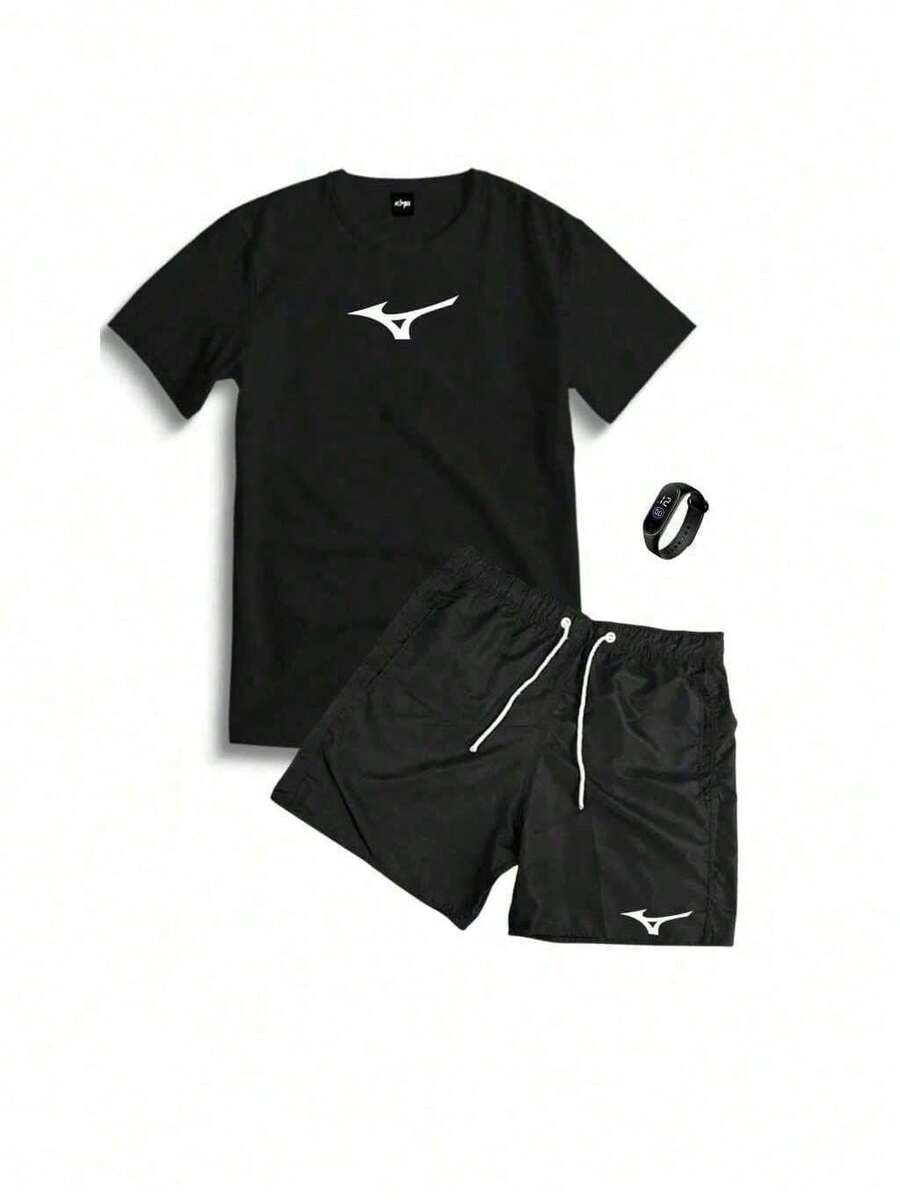 Set Kit 100% Cotton T-Shirt And Printed Tectel Shorts MZN + WATER-APPROVED DIGITAL WATCH - 黑色 - 查看 1