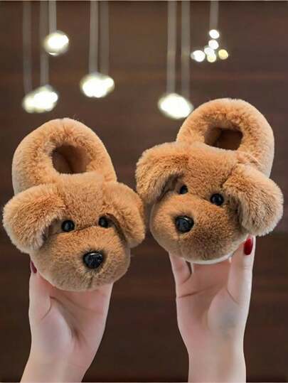 Toddler Kids' Puppy Design Slippers, Warm Plush Lined, Anti-Slip Indoor Home Wear, Thick Heel Cup