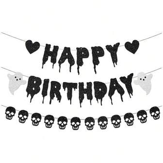 Black Glitter Halloween Birthday Banner Black Heart Skull Garland Halloween Happy Birthday Decorations For Halloween Birthday Party Decorations Theme B*By Shower Supplies