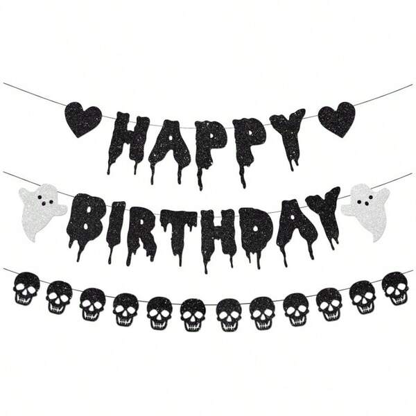 Schwarzes Glitzer Halloween Geburtstag Banner, schwarze Herz Totenkopf Girlande, Halloween Geburtstag Dekorationen für Halloween Geburtstags-Party Dekorationen, Thema Baby Shower Zubehör