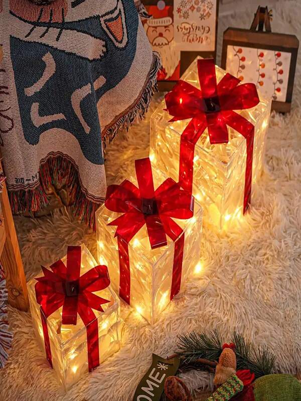 Three Sets Of Christmas Luminous Decorative Lights For Home Decoration Gift Boxes, 3-Piece Christmas Lighting Gift Boxes, Transparent Warm White Lighting Christmas Box Decorations, Detachable Gift Boxes And Lamps (Battery/USB Dual-Use) Christmas Decorations, Christmas Decorative Gift Boxes. Red Bow Gift Boxes Are Suitable For Indoor, Living Room, Courtyard, And Valentine's Day Gifts.